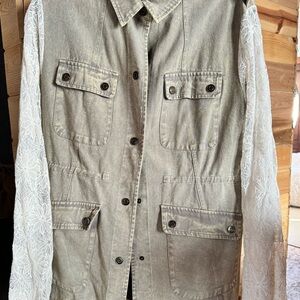 Gimmicks by BKE Olive Jean Jacket with White Lace Sleeves